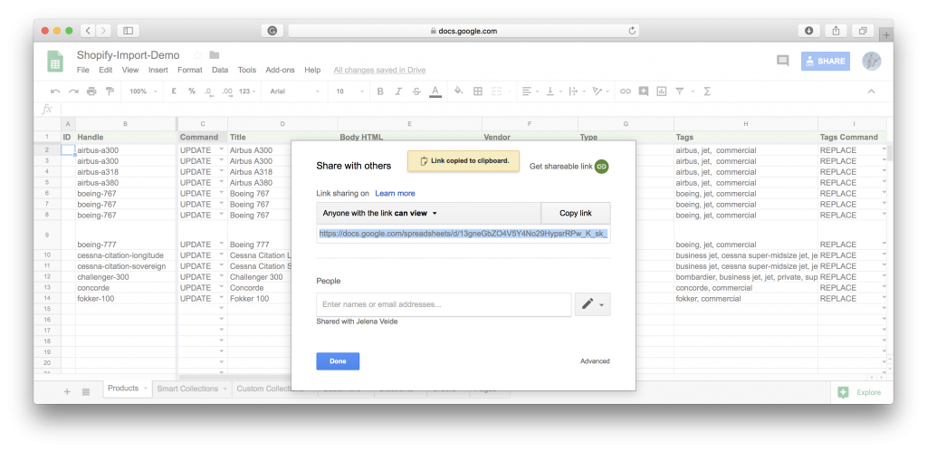 Google Sheet to Shopify import - share the sheet as view only