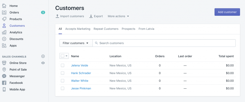 Shopify customers list