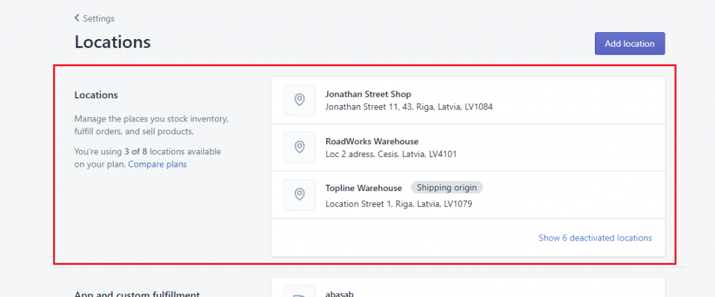 Select shopify options locations