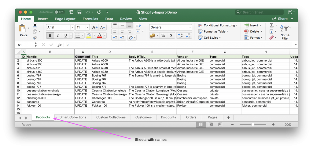 Shopify Excel file template