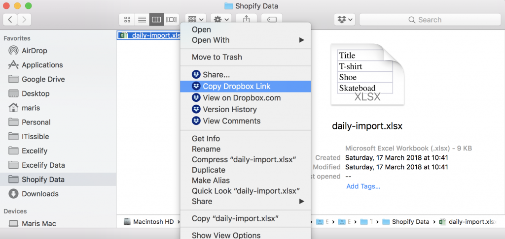 Shopify import from Dropbox - copy dropbox link